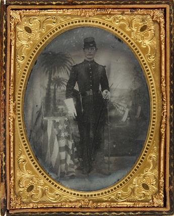 (CIVIL WAR) Pair of half-plates, comprising a daguerreotype of a soldier (his belt buckle gilted) posing with his father, and an ambrot